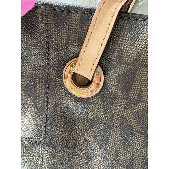 Michael Kors Jet Set Logo Tote Bag Womens Large Brown Top Zip Gold Tone - Picture 3 of 8